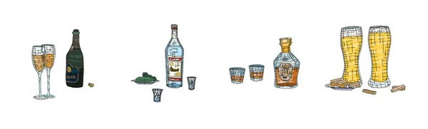Alkoholhaltiga Drycker Från Bar Färg Skiss Ritningar Skiss Bild Lager — Stock vektor