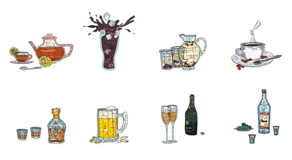 Bebidas Alcohólicas Alcohólicas Vasos Botellas Bosquejo Imagen Stock — Vector de stock