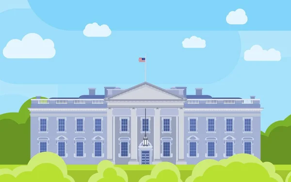 木のあるホワイトハウスの建物の背景 平型画像 — ストックベクタ