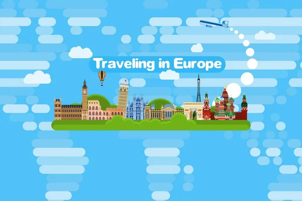 Ταξιδεύουν Όλη Την Ευρώπη Αεροπλάνο Στα Αξιοθέατα Επίπεδη Εικόνα Στυλ — Διανυσματικό Αρχείο