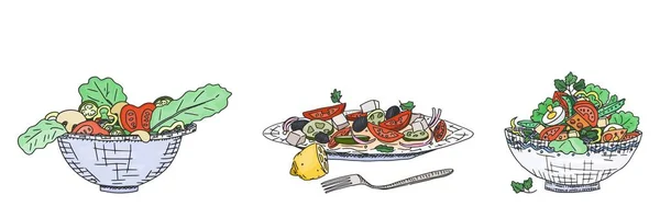 Een Groot Aantal Verschillende Salades Van Wereld Krabbelschets — Stockfoto