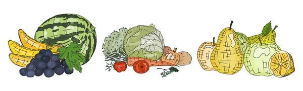 Obst Und Gemüse Wassermelone Und Äpfel Mit Kohl Doodle Skizzenbild — Stockfoto