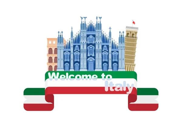 Italia Logo Luminoso Con Case Attrazioni Torri Cattedrali Immagine — Foto Stock