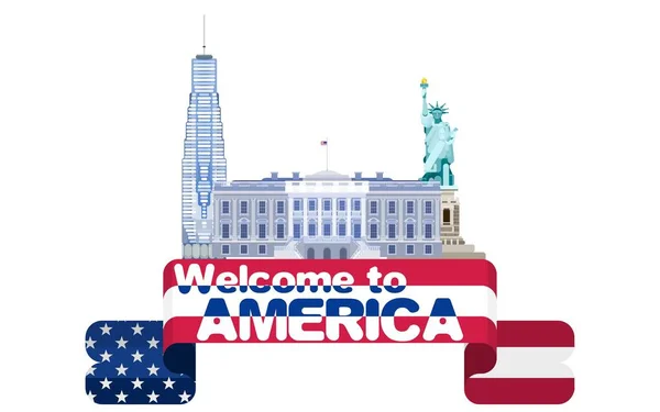 ホワイトハウスの像はアメリカへようこそ リボン付きのロゴ — ストック写真