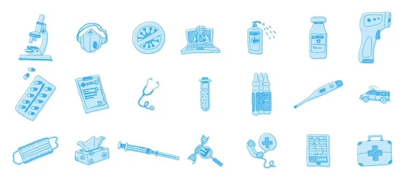 Obat Gambar Doodle Pictogram Rumah Sakit Gambar Gaya Sketsa - Stok Vektor