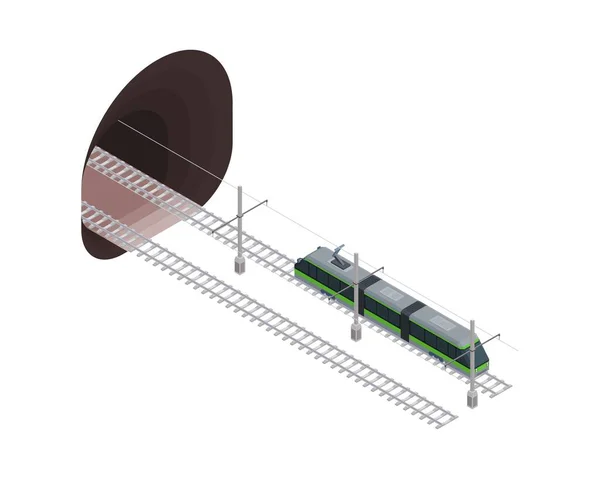 Tranvía Sobre Raíles Conduce Túnel Oscuro Vector Imagen Estilo Isométrico — Vector de stock