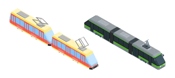 Two Different Trams City Transport Isometric Style Image Vector — Stock Vector