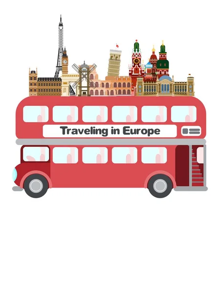 ヨーロッパを旅するロンドンバス フラットスタイル画像ベクトルの新しい碑文 — ストックベクタ