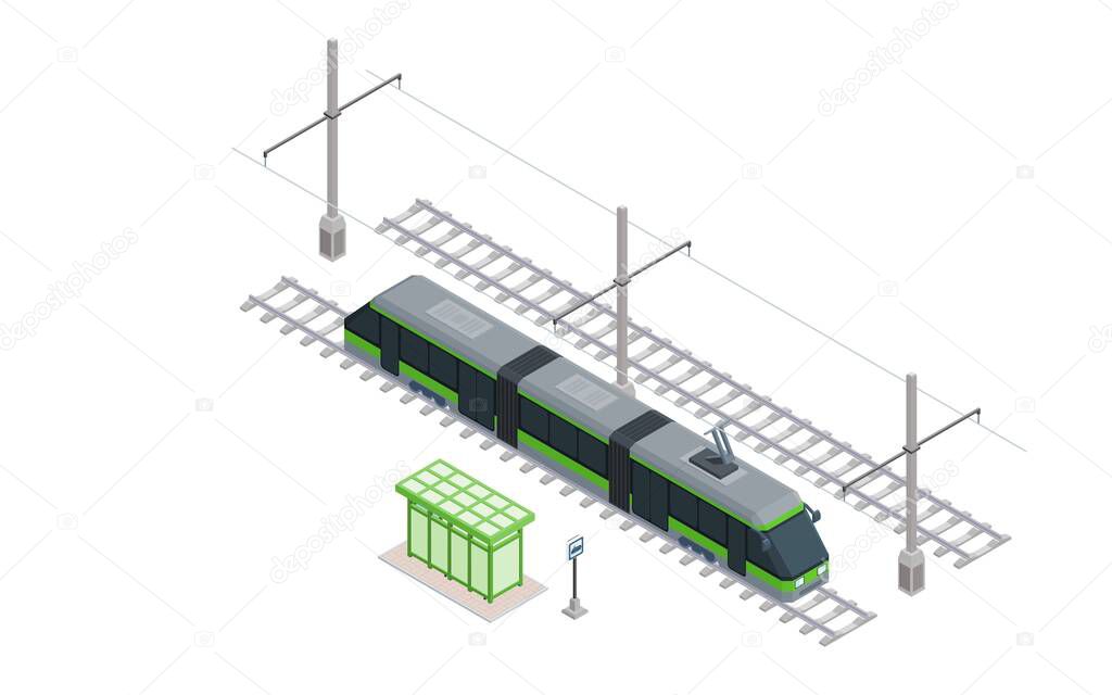 modern green tram at a stop on the rails. isometric vector image