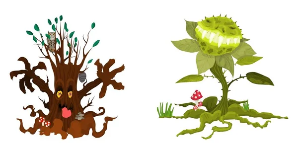 毒モンスターハロウィンの花と木 ベクトルストックフラット — ストックベクタ