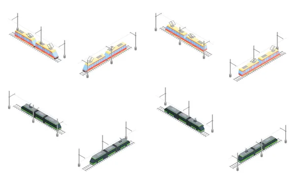 Veřejná Železniční Elektrická Doprava Městských Tramvají Vlaků Vektorová Izometrická Ilustrace — Stockový vektor