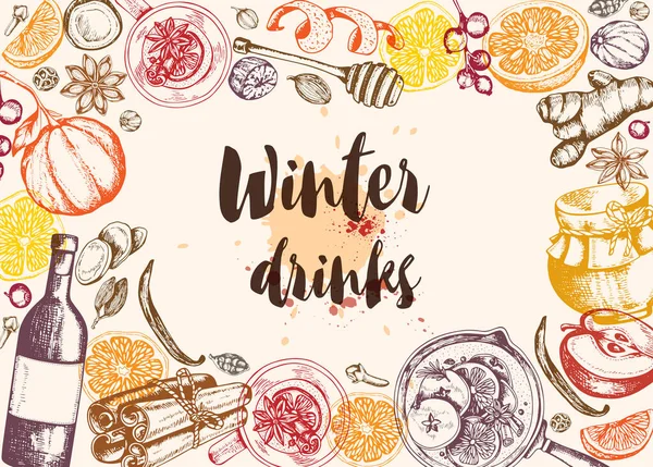 マルチワインとスパイスで背景を描いたヴィンテージベクトル手 伝統的なクリスマスの食べ物と飲み物 — ストックベクタ