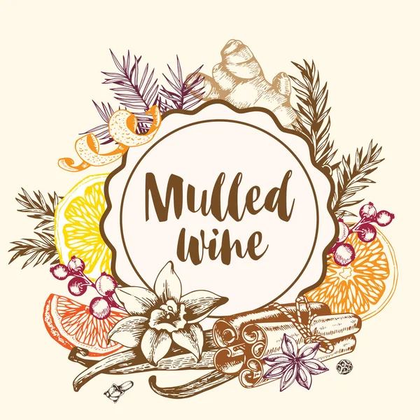 ヴィンテージベクトル手は 複数のワインやスパイスの成分で丸みを帯びた背景を描きました 伝統的なクリスマスの食べ物と飲み物 — ストックベクタ