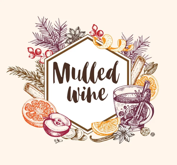 Yumuşak Şarap Baharatlarla Çizilmiş Vintage Vektör Arka Plan Geleneksel Noel — Stok Vektör