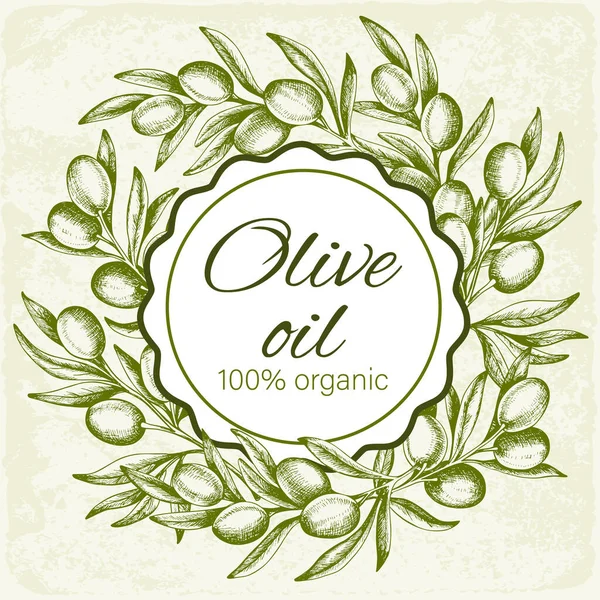 Vintage Sfondo Rotondo Con Olive Verdi Disegnate Mano Illustrazione Vettoriale — Vettoriale Stock