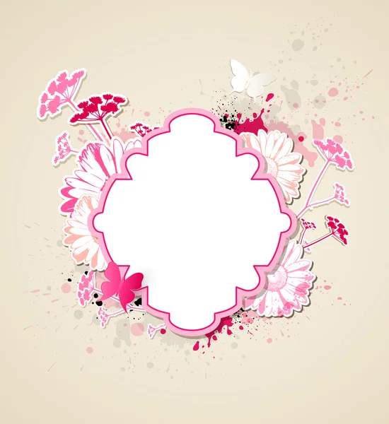 ラベルのピンク色の花と蝶 — ストックベクタ