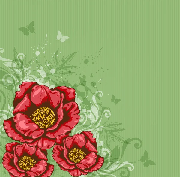 Fondo verde con flores rojas — Archivo Imágenes Vectoriales