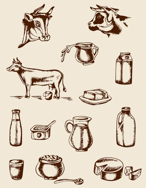 Vintage dairy products and cow — Stock Vector