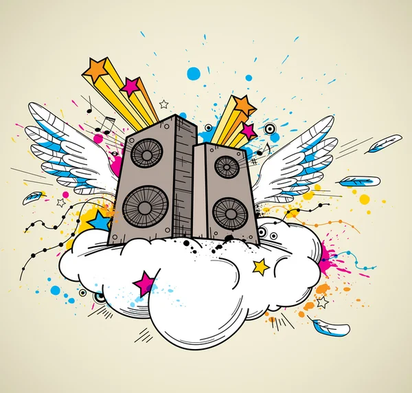 Altavoces musicales y nube — Vector de stock