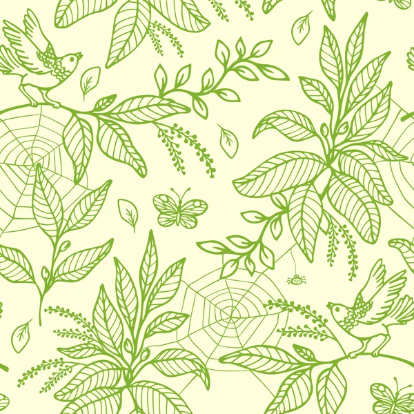Πράσινο χωρίς ραφή πρότυπο με φυτά και πουλιά — Διανυσματικό Αρχείο