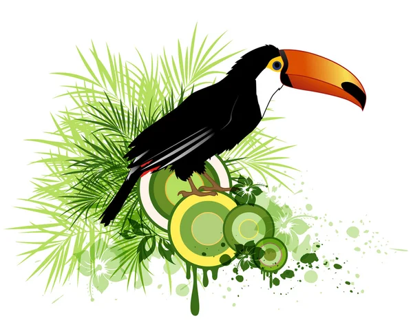 Fleurs tropicales, palmiers et oiseaux — Image vectorielle