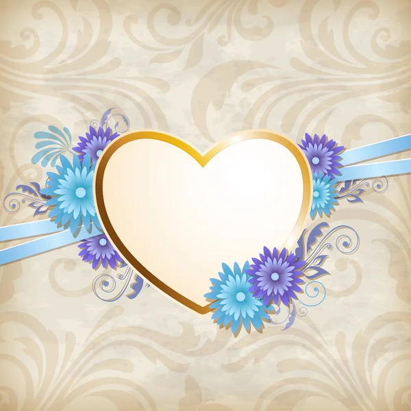 Corazón dorado y flores azules — Vector de stock