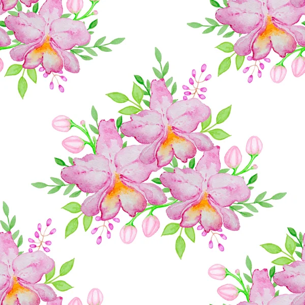 Watercolor seamless pattern with pink orchids — Stock Photo, Image