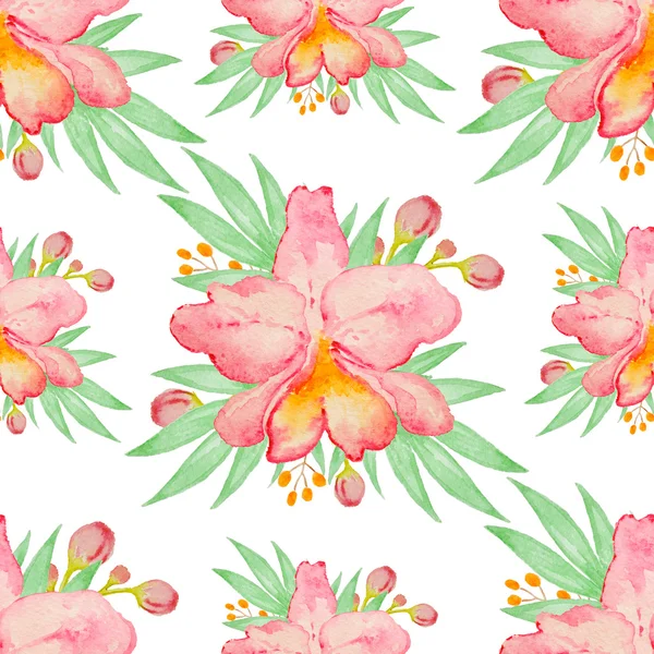 Watercolor seamless pattern with red orchids — Stock Photo, Image