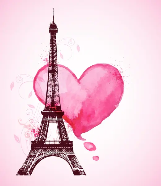 Watercolor heart and Eiffel Tower — Archivo Imágenes Vectoriales