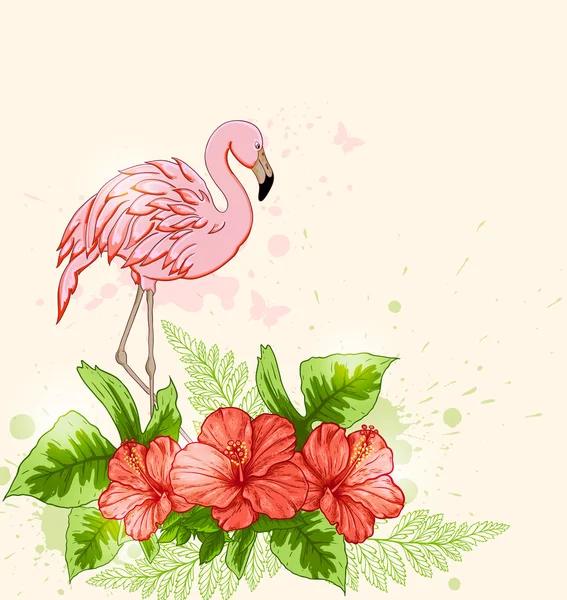 Flores rojas y flamenco rosa — Vector de stock