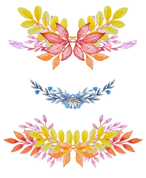 Aquarellpositionen mit Blüten und Herbstblättern — Stockfoto