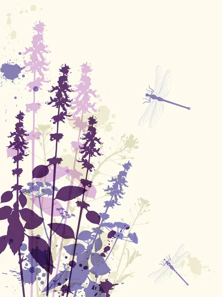 Violetta blommor och dragonfly — Stock vektor