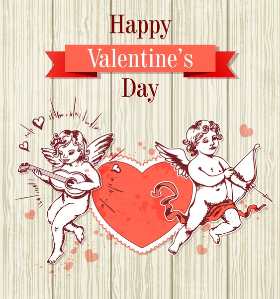 Dos cupidos y corazón rojo — Vector de stock