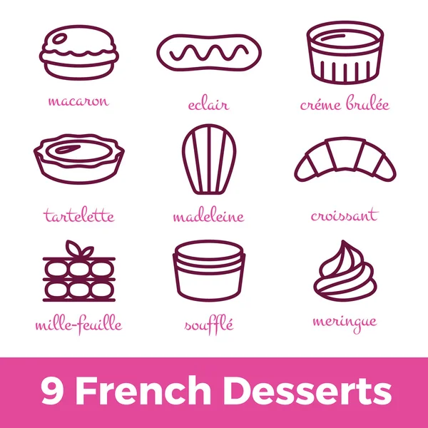 Icon set of most famous french desserts — Stock Vector