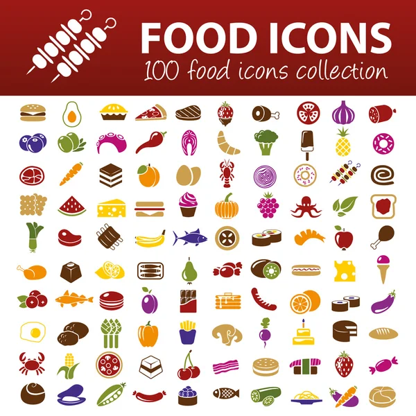Cento icone alimentari — Vettoriale Stock