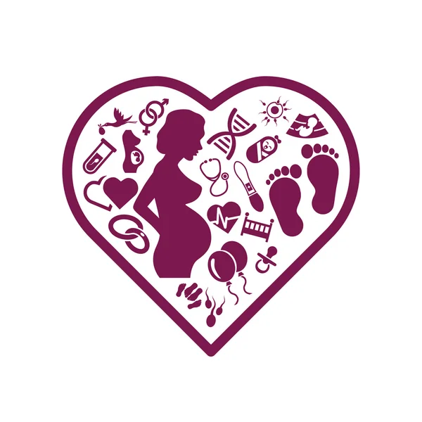Iconos del embarazo en el corazón — Vector de stock