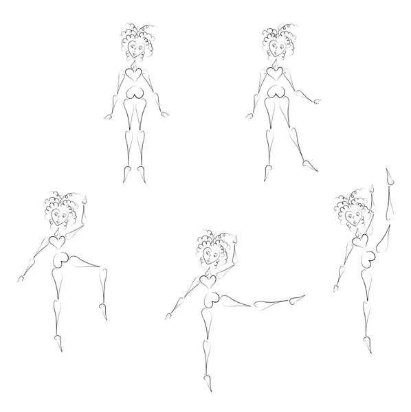 Ragazza danzante in varie pose, disegno semplice — Vettoriale Stock
