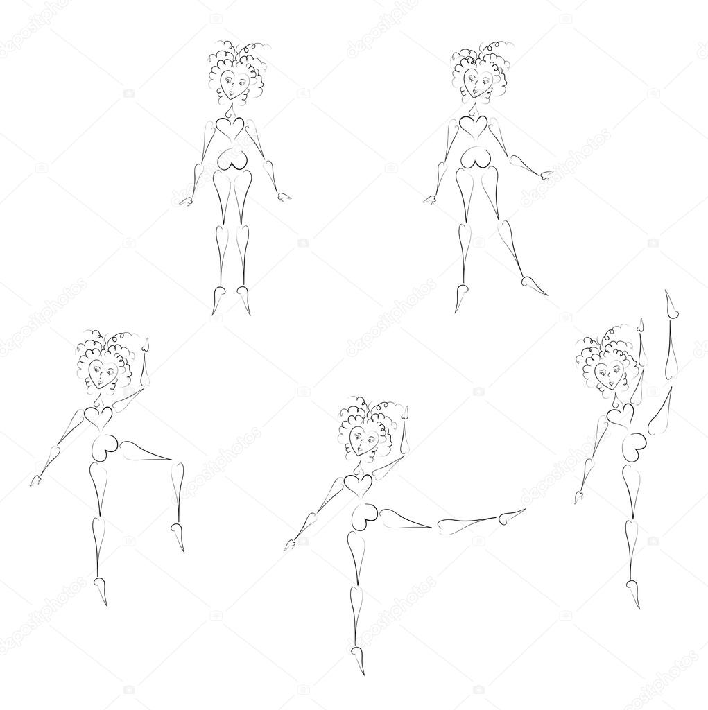 Dancing girl in various poses, simple drawing