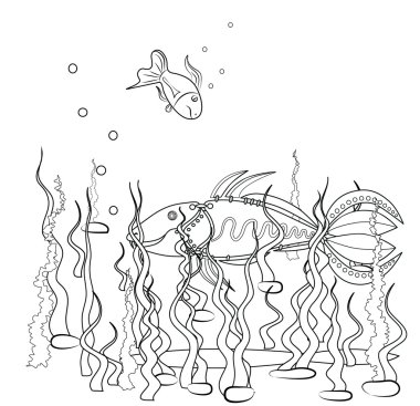 Balık boyama sayfaları bir robot, sualtı, şeklinde görüntü