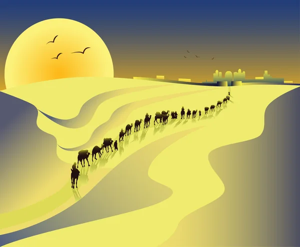 La carovana viene in una città nel deserto, nella notte — Vettoriale Stock
