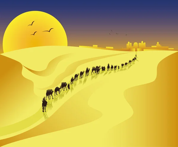 La caravane arrive dans une ville dans le désert, le soir — Image vectorielle