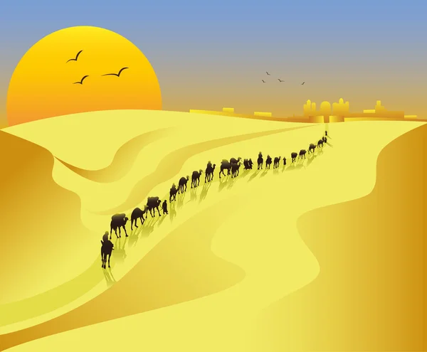 La caravana llega a una ciudad en el desierto — Vector de stock