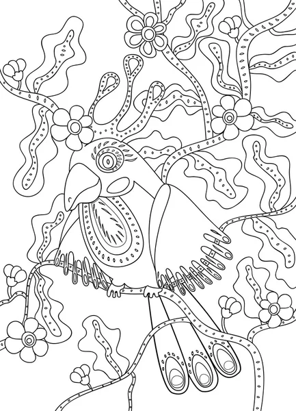 L'image d'un perroquet sur une branche d'arbre, coloriage — Image vectorielle