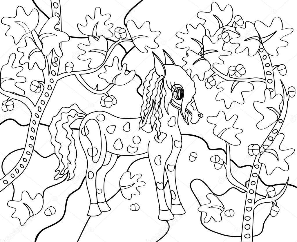 Le poney de colt dans la forªt d automne chªne pr¨s de l étang   colorier — Vecteur par juliankoste