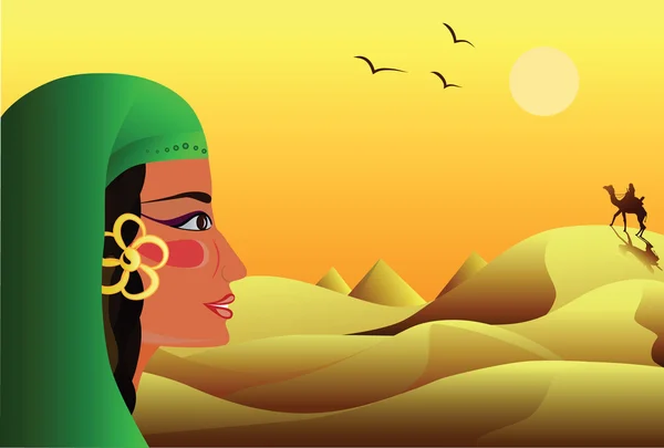 Une jeune fille regarde un cavalier sur un chameau dans le désert — Image vectorielle