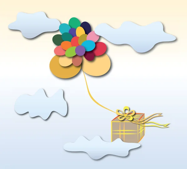 Bolas e uma caixa voando no céu com nuvens — Fotografia de Stock