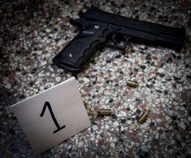 Suç mahalli, cinayet, soruşturma, polis katilin kullandığı silahı reddetti, cinayet kanıtı olarak alındı, lastik eldiven uzmanı ve kanıt olarak çantaya girdi.