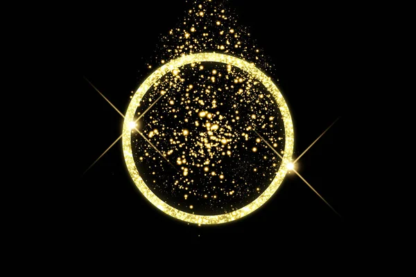 Gyllene ram med ljuseffekter. Shining cirkel banner. Isolerad på svart bakgrund. Vektorillustration Stockillustration