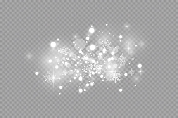 光の効果だ。ベクトルイラスト。クリスマス・フラッシュ・ダスト。白い火花と輝きと雪片特別な光効果。透明感のある背景にベクトルが輝きます。輝く魔法の塵粒子 — ストックベクタ