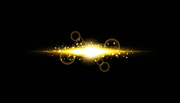 Efecto de luz elegante abstracto sobre un fondo negro. Línea de neón brillante de oro. Polvo luminoso dorado y reflejos. Luz de flash. rastro luminoso. Ilustración vectorial. — Archivo Imágenes Vectoriales